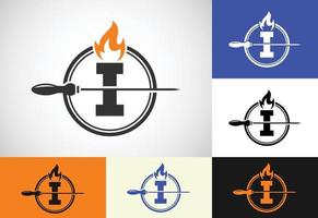 Initial I letter alphabet with a skewer and fire flame. Logo design for Barbecue, Seekh Kebab, etc. vector