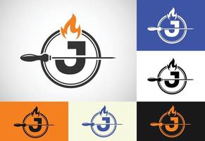 Initial J letter alphabet with a skewer and fire flame. Logo design for Barbecue, Seekh Kebab, etc. vector