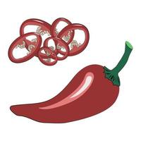 Set of red chili peppers - sliced into rings and a whole pod. Spicy seasoning for ramen noodles soup. Vector illustration in hand-drawn style on a white background.