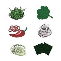 Traditional Japanese or Korean food - chuka, spinach, onion, nori and chili pepper. Set of ingredients for traditional Oriental ramen noodle soups. Vector illustration in hand-drawn style