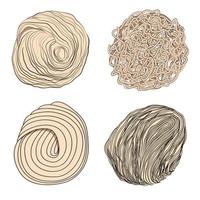 Japanese ramen noodles vector set of four types - round, flat, wavy, rectangular, thin, medium and thick. Stock illustration isolated on white background, sketch in the doodle style of hand drawing