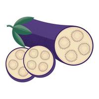 Purple eggplant sliced with seeds in the style of a modern flat with a noisy grunge texture. Vegetable for the Mediterranean or vegan diet . Stock vector illustration isolated on a white background