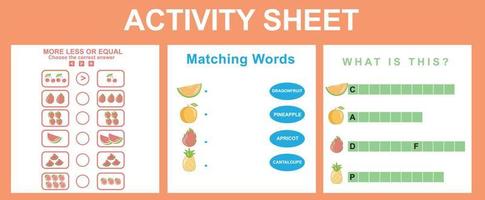 3 in 1 activity for children. Educational printable worksheet. Fruits worksheet theme. Vector illustrations.