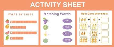 3 in 1 activity for children. Educational printable worksheet. Fruits worksheet theme. Vector illustrations.