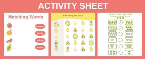 3 in 1 activity for children. Educational printable worksheet. Fruits worksheet theme. Vector illustrations.