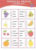 Choose the correct answer. Tropical fruits vocabulary. Worksheet for preschool. Words test educational game for children. Vector file.