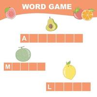 Word game worksheet. Complete the words. Fruits Theme Names Worksheet. Educational activity for preschool kids. Vector illustration.