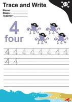 Trace and write number for children. Exercise for children to recognize the number. Educational worksheet for preschool. Vector file.