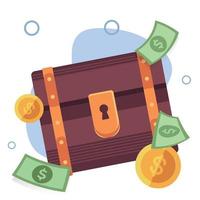 Treasure chest with golden coins and money vector illustration