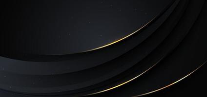 Abstact 3d luxury black curve with border golden curve lines elegant and lighting effect on black background. vector