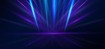 Abstract technology futuristic glowing blue and purple  light lines with speed motion blur effect on dark blue background. vector