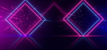 Abstract technology futuristic neon square glowing blue and pink light lines with speed motion blur effect on dark blue background. vector