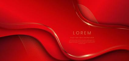 Abstract 3d red background with gold lines curved wavy sparkle with copy space for text. Luxury style template design. vector