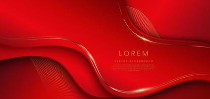 Abstract 3d red background with gold lines curved wavy sparkle with copy space for text. Luxury style template design. vector