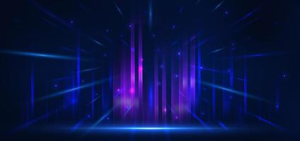 Abstract technology futuristic glowing blue and purple light lines with speed motion blur effect on dark blue background. vector