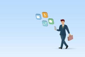 Businessman walking using business network connecting on mobile. Digital online technology. Professional management character. Success and achievement. 3D vector. vector