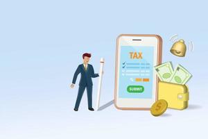 Tax time reminder. Businessman submit online income tax filing on smart tablet with money wallet and ringing bell for tax notification reminder. 3D vector. vector