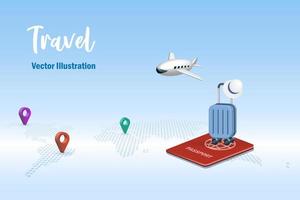 viajar, fiesta vacaciones viaje concepto. equipaje en pasaporte con avión y determinar con precisión en mundo mapa. 3d vector. vector