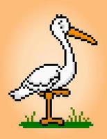 8 bit pixel of a stork. Animal pixel art for game assets and cross stitch patterns in vector illustrations.