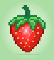 8 bit pixel of Strawberry. Fruits pixel for game assets and cross stitch patterns in vector illustrations.