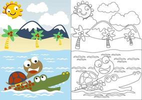 Cute turtle ride on crocodile in the beach, coloring book or page, vector cartoon illustration