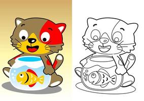 little cat with a fish in a jar, vector cartoon, coloring book or page