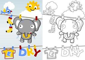 funny elephant in clothesline with little bird, smiling sun behind clouds, coloring book or page, vector cartoon