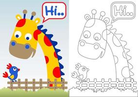 Cute giraffe with little bird on fence, vector cartoon illustration, coloring book or page