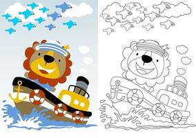 Cute lion the sailor on boat with flock of bird, coloring book or page, vector cartoon illustration