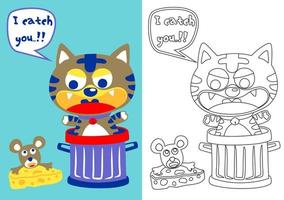 little cat in trash can try to catch a mice, vector cartoon, coloring book or page