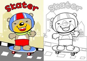 Cute bear playing skateboard on buildings background, vector cartoon, coloring book or page