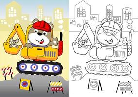 Cute bear with mice on construction vehicle, construction elements on buildings background, vector cartoon, coloring book or page