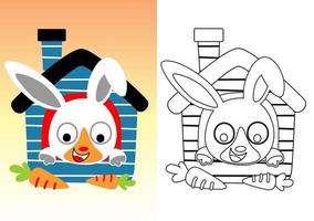 little rabbit on cage with carrot, vector cartoon illustration, coloring book or page