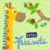 Funny giraffe with bugs on tree branches, cute animals on leaf pattern, vector cartoon illustration