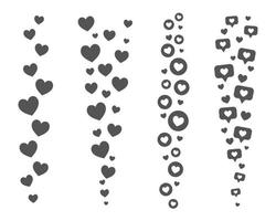 Flying hearts stream. Love likes emotions silhouette for social media. Positive reaction and feedback. Vector set
