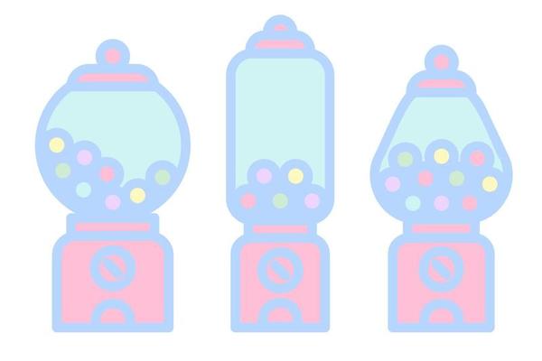 Gumball machine icon set. Retro vending dispenser for candies and bubblegums. Sweets slot vector illustration isolated on white background