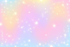 Rainbow unicorn background. Pastel gradient color sky with glitter. Magic galaxy space and stars. Vector abstract pattern.