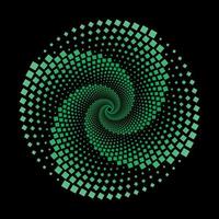 Green gradient dotted square spiral vortex circle. Vector illustration of 3d squarish dots swirl pattern dots design. Squares particle tornado logo template.