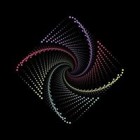 Multicolor dotted spiral vortex quilted square vector template. Violet, pink, yellow, and cyan swirl pattern dots.