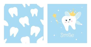 Cute vector illustration and seamless pattern with white smiling  tooth fairy isolated on blue background.