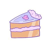 Hand drawn aesthetic cute piece of violet cake with flower vector