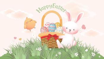 Happy Easter card, banner, background with mostly hares, eggs and chicks on the meadow vector