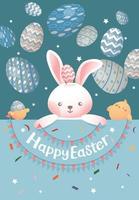 Easter card featuring bunnies and chicks, bunting flags and paper flowers for a sense of joy vector