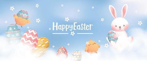 Happy Easter card, banner, background with bunny, chick and eggs in the clouds, pastel colors vector