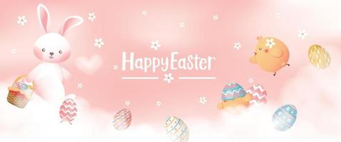 Happy Easter card, banner, background with bunny, chick and eggs in the clouds, pastel colors vector