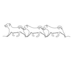 three abstract dogs stand in a row, the first leader and the leader, and the rear ones sniff each other under the tail, hand-drawn, continuous monoline, drawing in one line vector