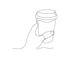 abstract hand with a cup of coffee , hand-drawn, continuous mono line, one line art, contour drawing vector