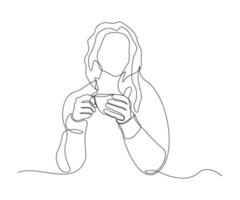 resumen niña sin un cara con un taza de café o té, dibujado a mano, continuo mono línea, uno línea arte, contorno dibujo vector