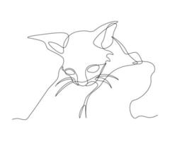 a poor little kitten in the hands of a person, kindness to homeless animals, hand-drawn, continuous monoline, drawing in one line vector