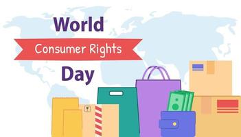 Horizontal banner for world consumer rights day. Vector background with boxes and paper bags.